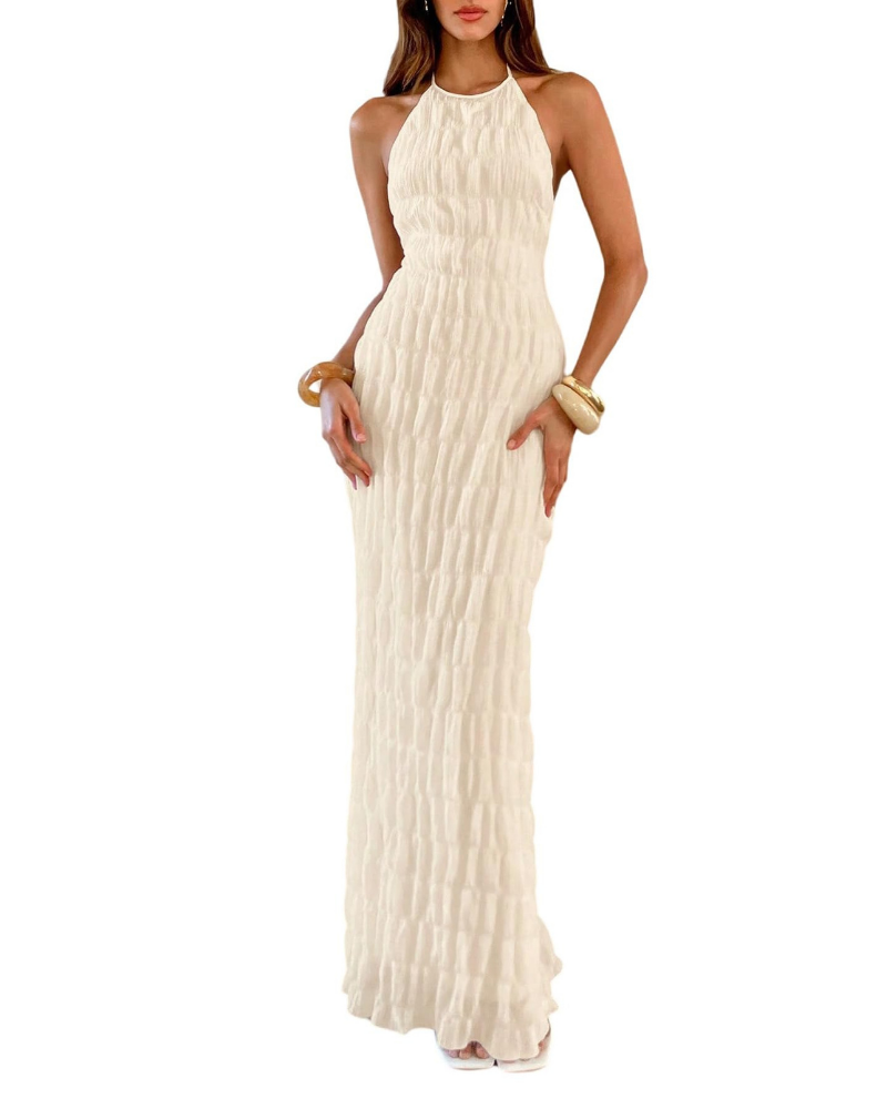 Serena Dámské Šaty – Maxi Šaty Halterneck Bodycon s Otevřenými Zády a Elegantní Texturou