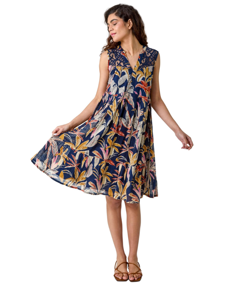 Sienna Women's Dress – Tropical Cotton Dress with Lace, V-Neck & Tiered Skirt