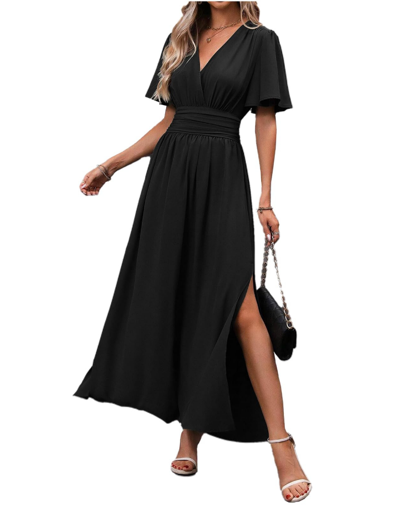 Marina Abito Maxi Damen – Elegantes Kleid mit V-Ausschnitt, Schlitz und Schmetterlingsärmeln
