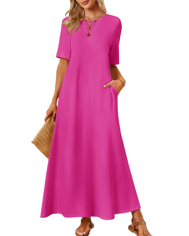 Sophie Abito Femme – Robe Maxi Basique avec Manches Courtes, Col Rond et Poches Latérales