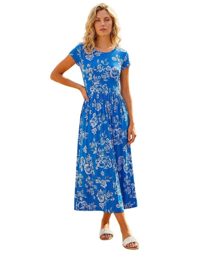 Zoe Abito Donna – Vestito Midi in Jersey Stretch con Stampa Patchwork, Tasche & Girocollo