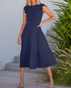 Ella Damenkleid – Midi-Kleid mit Smock, Flatterärmeln, hoher Taille und Stufenrock