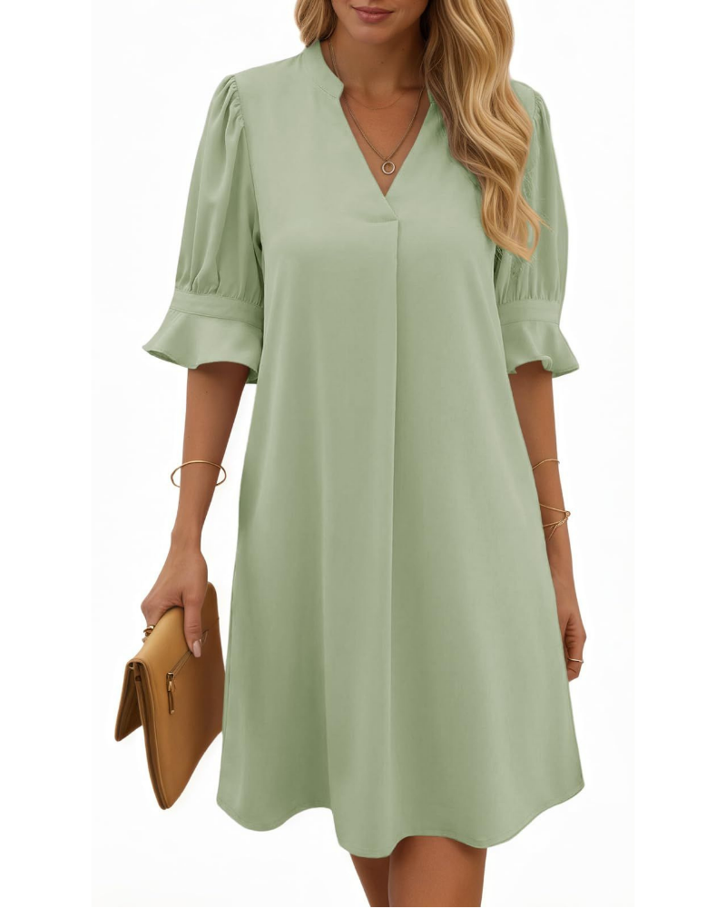 Camille Damen Midi-Kleid – V-Ausschnitt, halbe Volant-Ärmel & lockere Passform