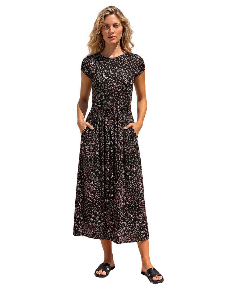 Zoe Abito Donna – Vestito Midi in Jersey Stretch con Stampa Patchwork, Tasche & Girocollo