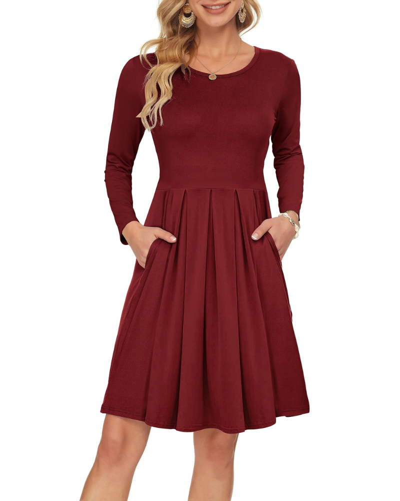 Nora Abito Donna – Vestito Swing al Ginocchio con Maniche Lunghe, Girocollo & Tasche