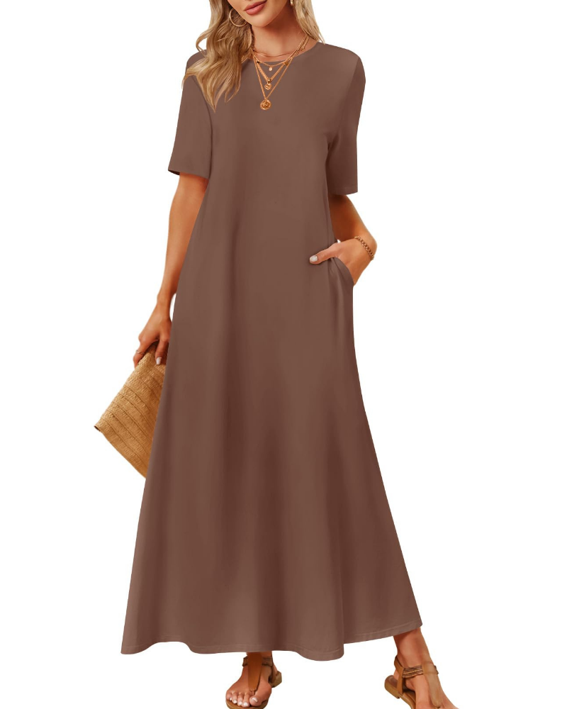 Sophie Abito Femme – Robe Maxi Basique avec Manches Courtes, Col Rond et Poches Latérales
