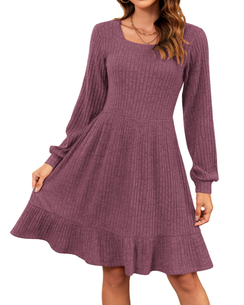 Olivia Abito Donna – Vestito Maglia al Ginocchio con Scollo Quadrato & Maniche Balloon