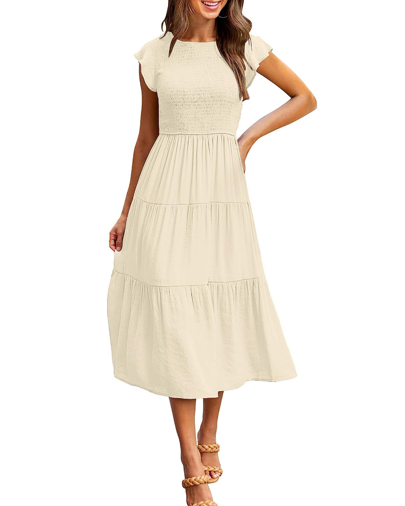 Ella Abito Donna – Vestido midi smock con mangas flutter, cintura alta y falda con volantes