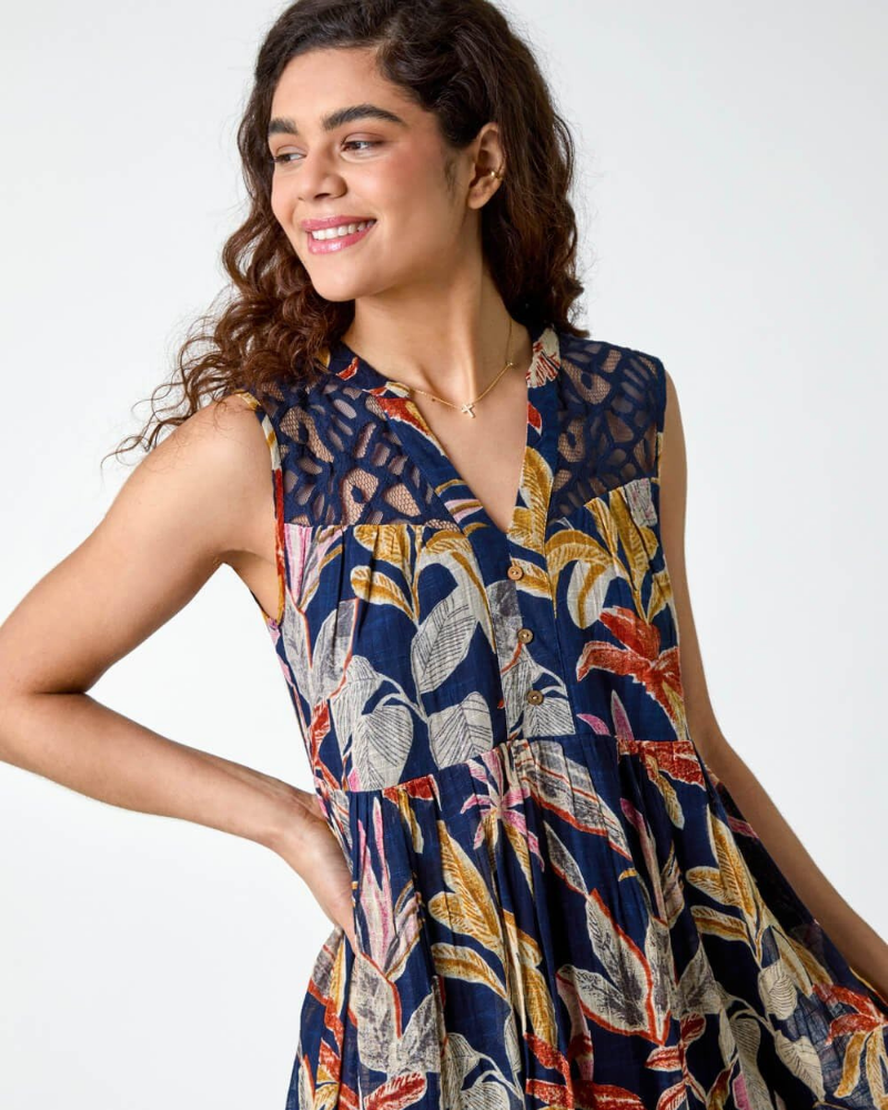 Sienna Women's Dress – Tropical Cotton Dress with Lace, V-Neck & Tiered Skirt
