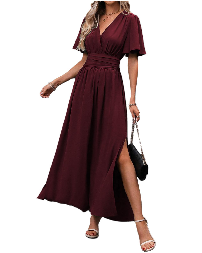 Marina Abito Maxi Damen – Elegantes Kleid mit V-Ausschnitt, Schlitz und Schmetterlingsärmeln