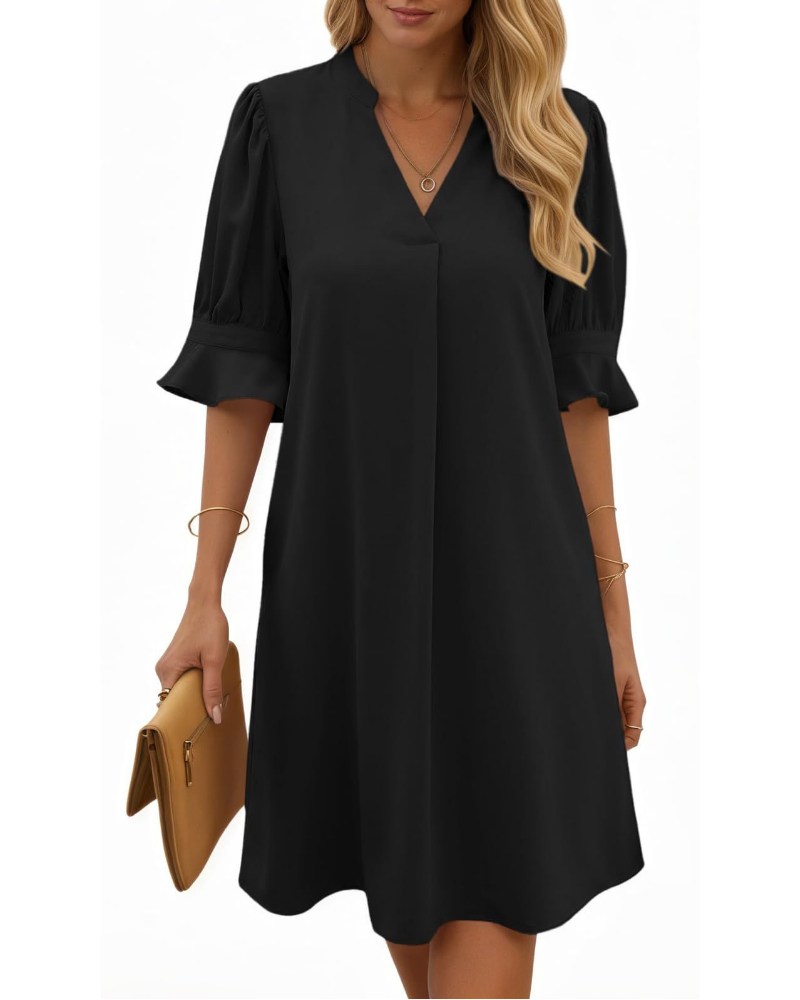 Camille Damen Midi-Kleid – V-Ausschnitt, halbe Volant-Ärmel & lockere Passform