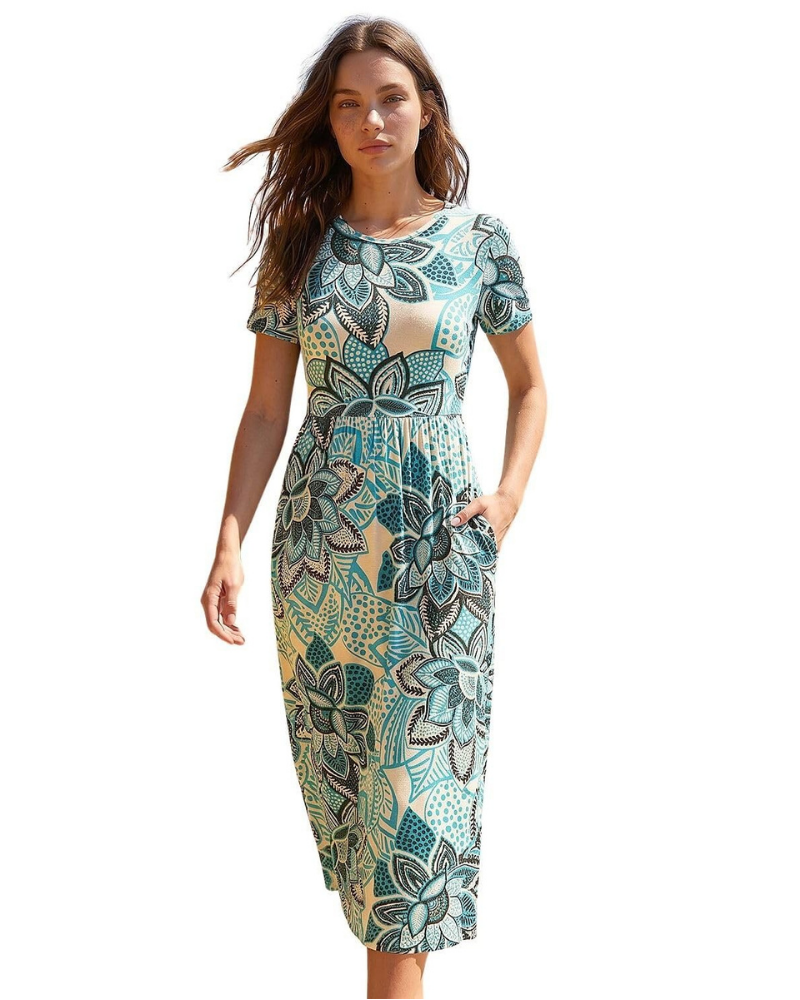 Zoe Abito Donna – Vestito Midi in Jersey Stretch con Stampa Patchwork, Tasche & Girocollo