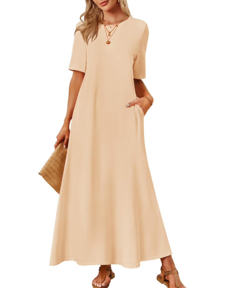 Sophie Abito Femme – Robe Maxi Basique avec Manches Courtes, Col Rond et Poches Latérales