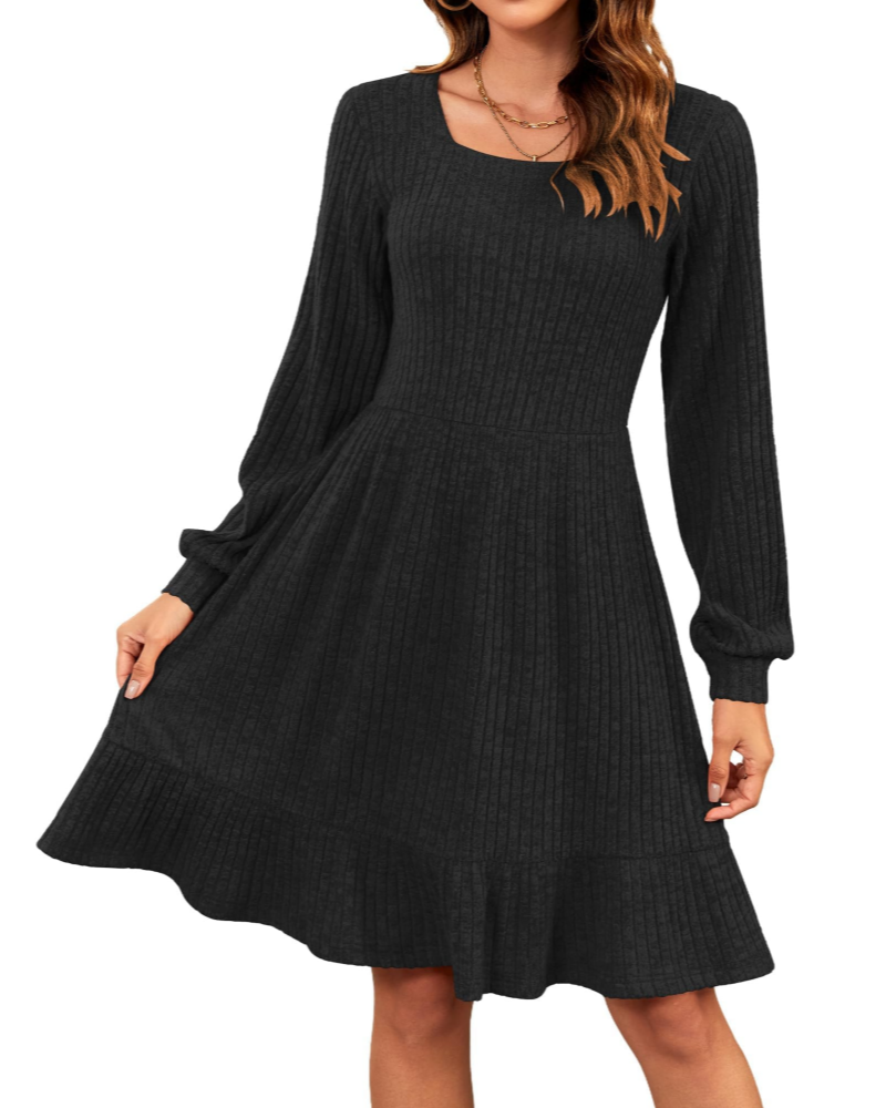 Olivia Abito Donna – Vestito Maglia al Ginocchio con Scollo Quadrato & Maniche Balloon