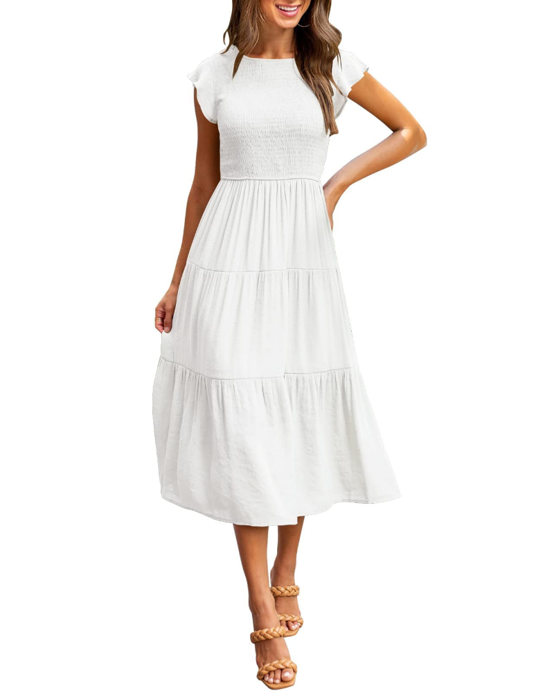Ella Abito Donna – Vestido midi smock con mangas flutter, cintura alta y falda con volantes