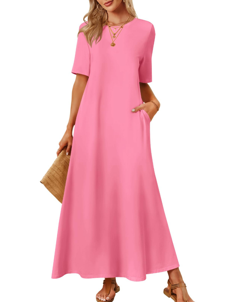 Sophie Abito Femme – Robe Maxi Basique avec Manches Courtes, Col Rond et Poches Latérales