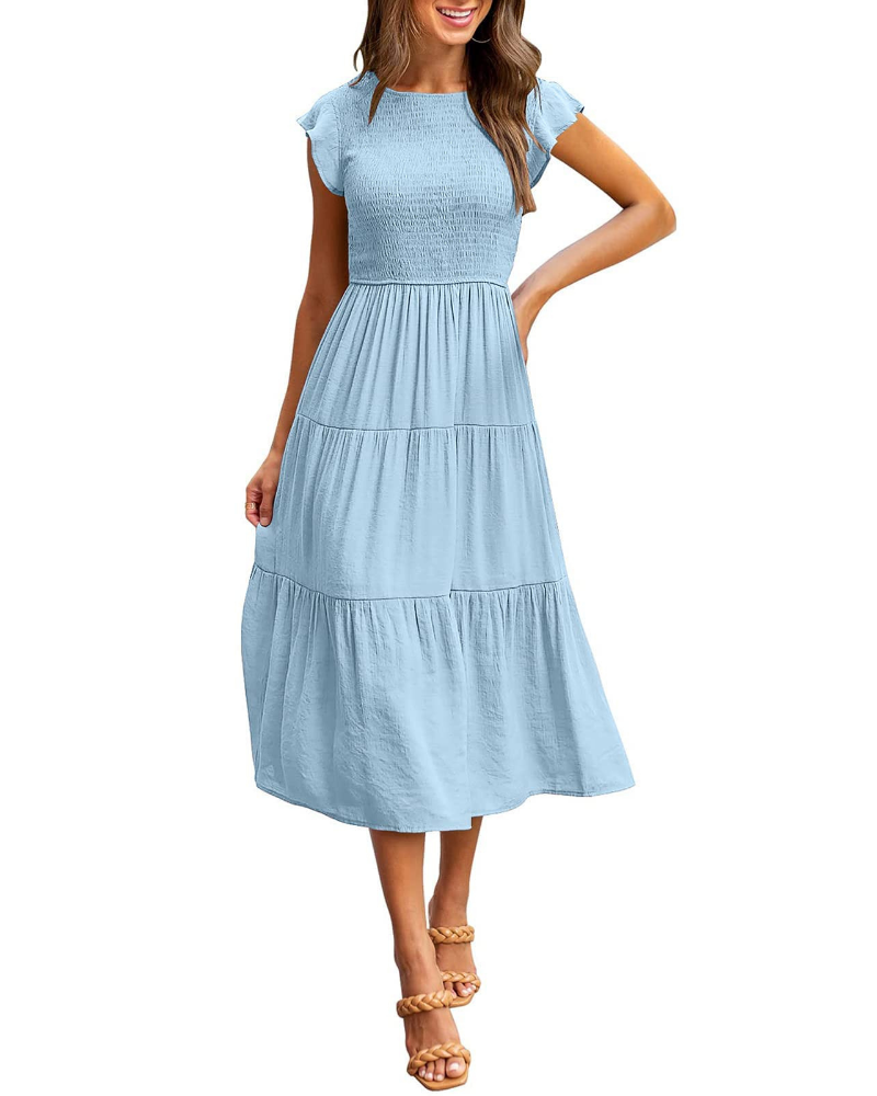Ella Abito Donna – Vestido midi smock con mangas flutter, cintura alta y falda con volantes