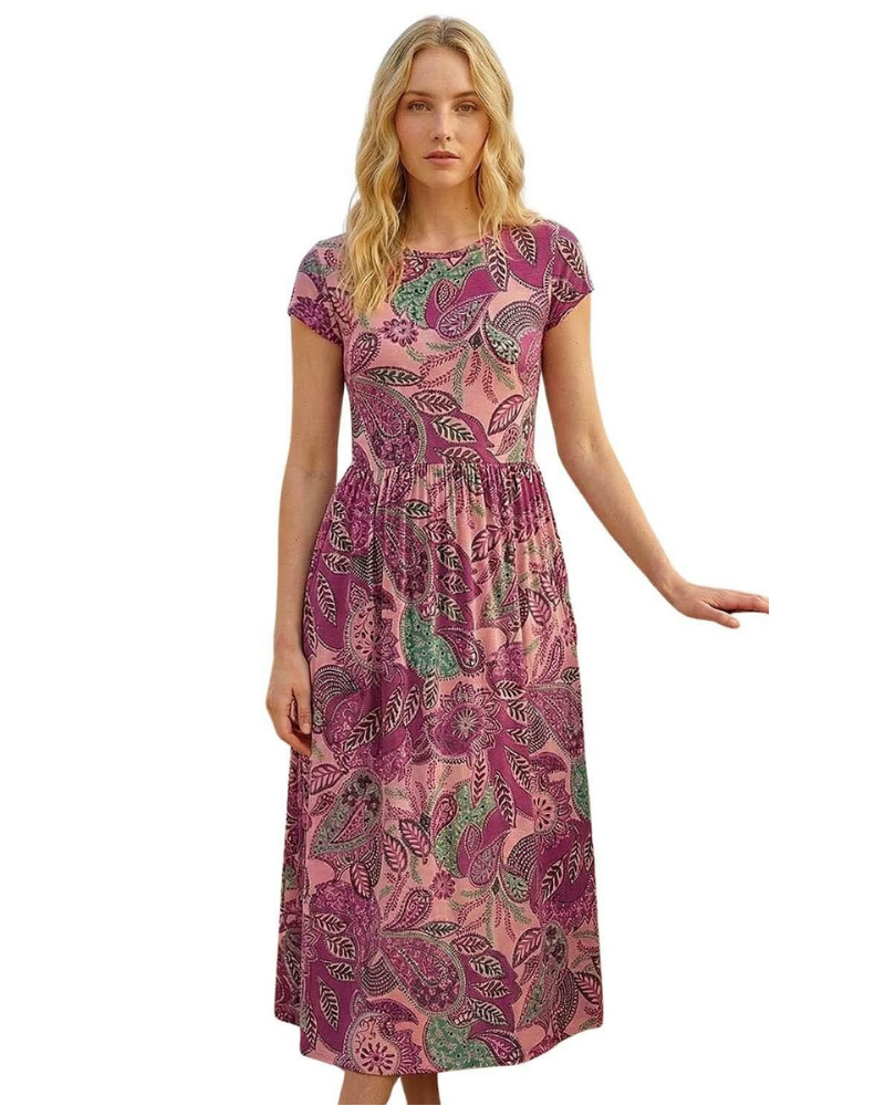 Zoe Abito Donna – Vestito Midi in Jersey Stretch con Stampa Patchwork, Tasche & Girocollo