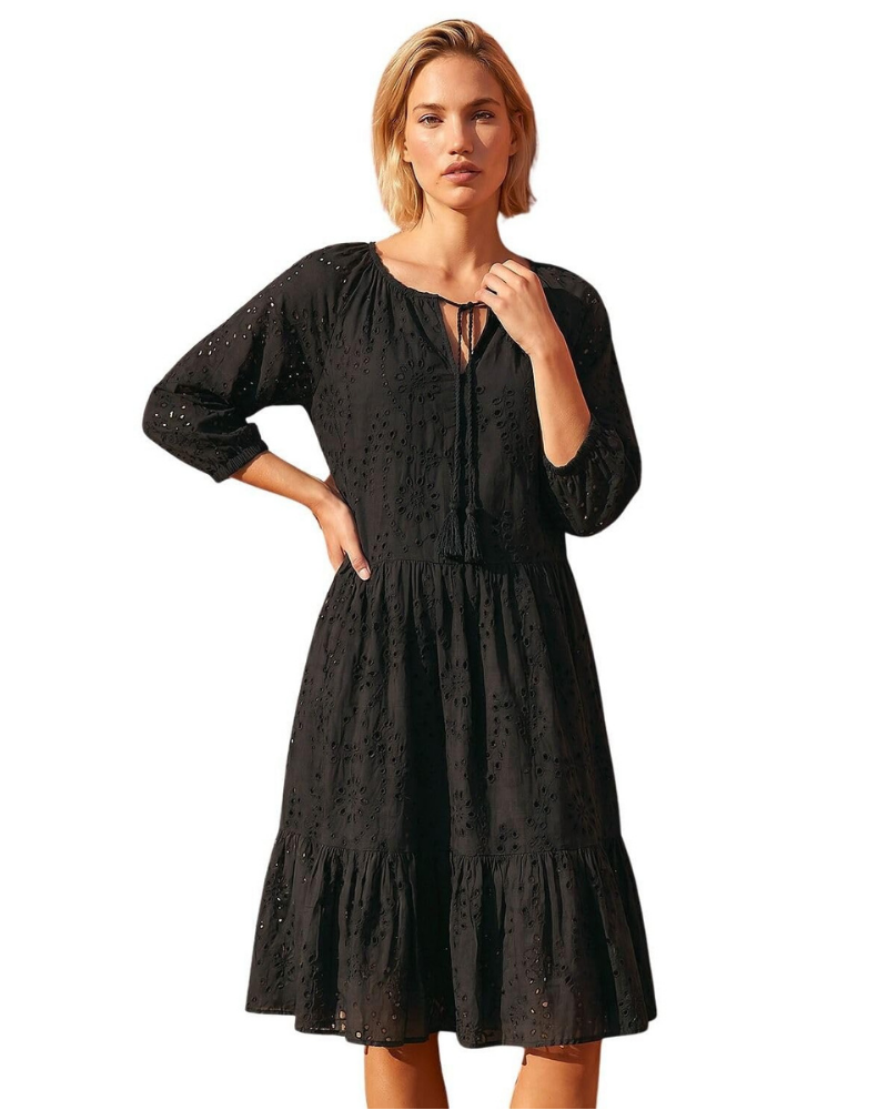 Maya Damenkleid – Midi-Kleid in Elfenbein mit V-Ausschnitt, Stickerei & Innenfutter