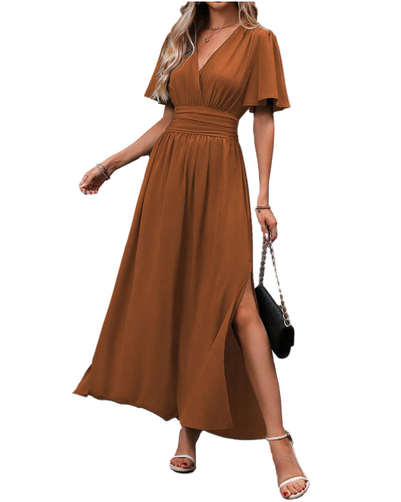 Marina Abito Maxi Damen – Elegantes Kleid mit V-Ausschnitt, Schlitz und Schmetterlingsärmeln