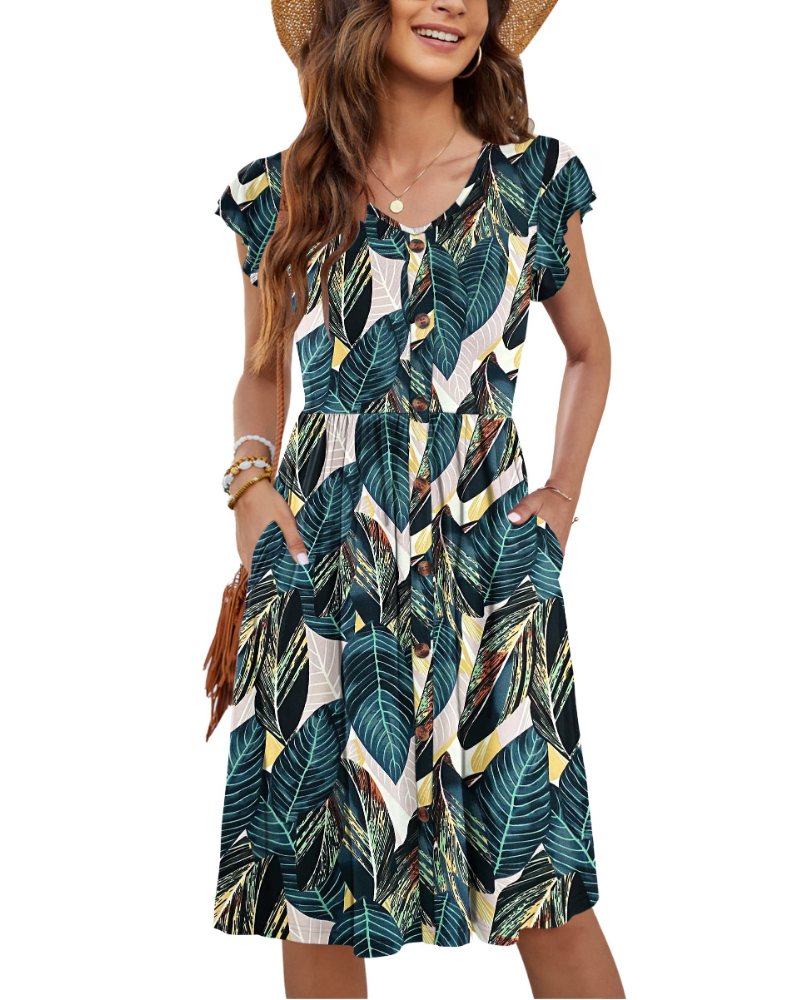 Naomi Damen Midi-Kleid – Sommerkleid mit V-Ausschnitt, Volant-Ärmeln & Taschen