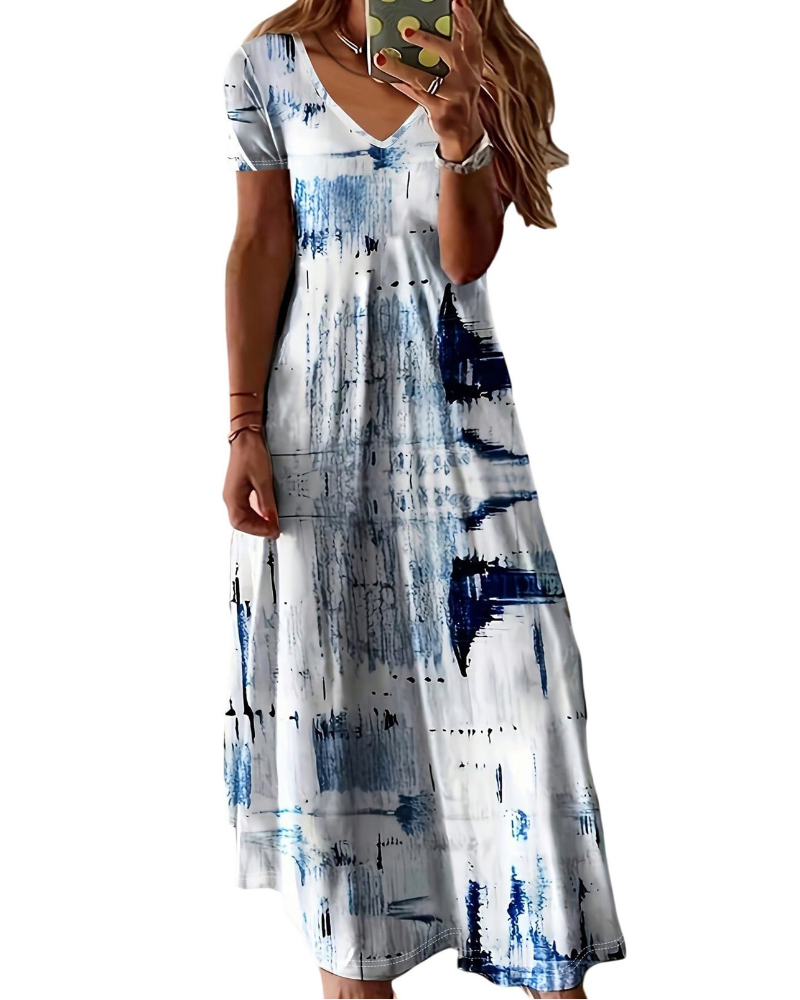 Amelia Dámské Šaty – Maxi Plus Size s Tie-Dye, Výstřihem do V a Volným Lemem