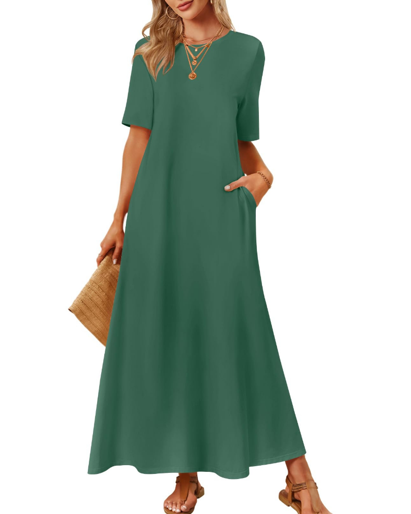 Sophie Abito Femme – Robe Maxi Basique avec Manches Courtes, Col Rond et Poches Latérales