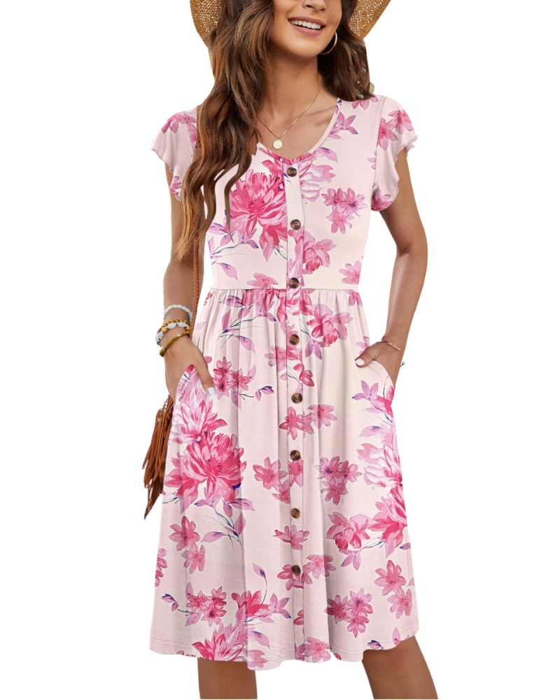 Naomi Damen Midi-Kleid – Sommerkleid mit V-Ausschnitt, Volant-Ärmeln & Taschen