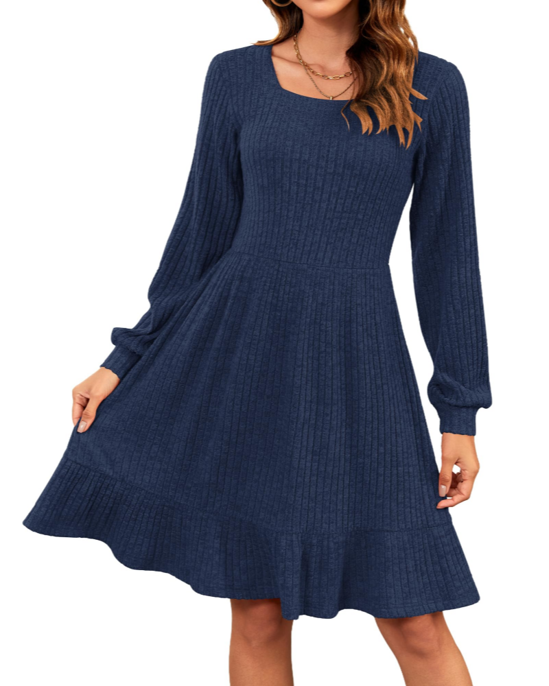 Olivia Abito Donna – Vestito Maglia al Ginocchio con Scollo Quadrato & Maniche Balloon