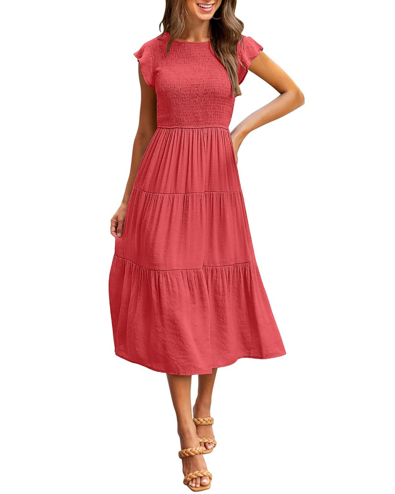 Ella Abito Donna – Vestido midi smock con mangas flutter, cintura alta y falda con volantes
