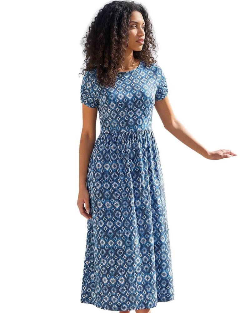 Zoe Abito Donna – Vestito Midi in Jersey Stretch con Stampa Patchwork, Tasche & Girocollo