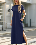 Robe longue pour femme Maya – Col montant, fente latérale, poches et tissu respirant