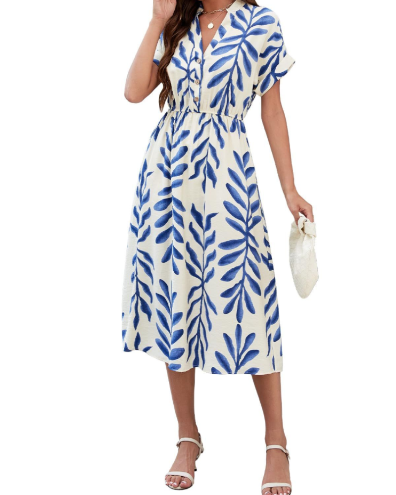 Chloe Damen Sommerkleid – V-Ausschnitt, kurze Ärmel, Knöpfe & Taschen
