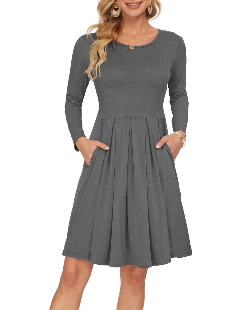 Nora Abito Donna – Vestito Swing al Ginocchio con Maniche Lunghe, Girocollo & Tasche