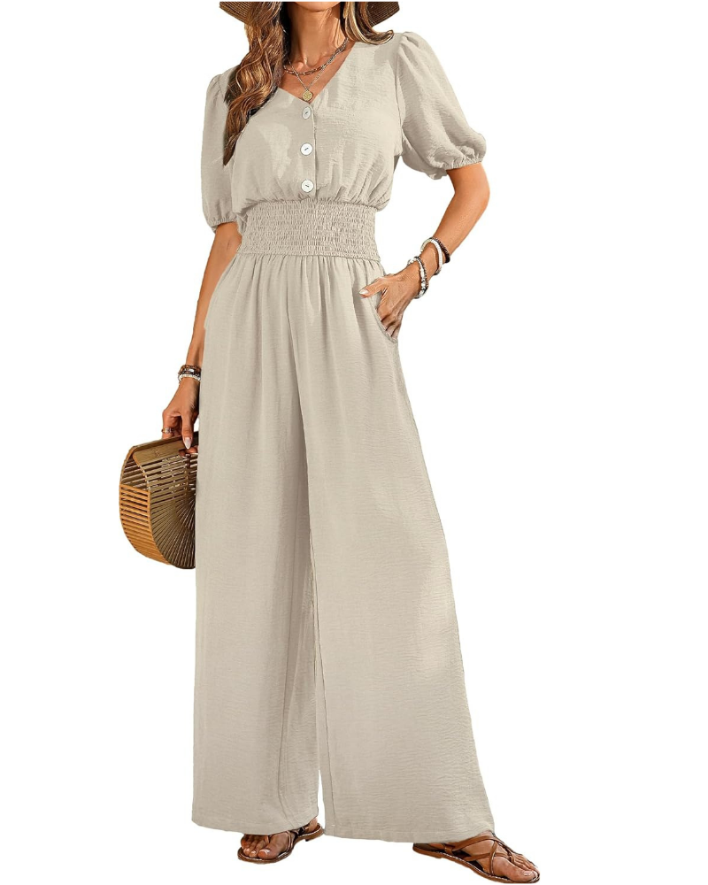 Blythe Tuta Donna Elegante – Scollo a V, Vita Smock e Pantaloni a Gamba Larga