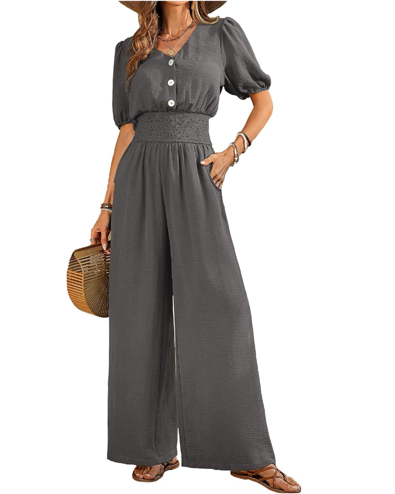 Blythe Tuta Donna Elegante – Scollo a V, Vita Smock e Pantaloni a Gamba Larga