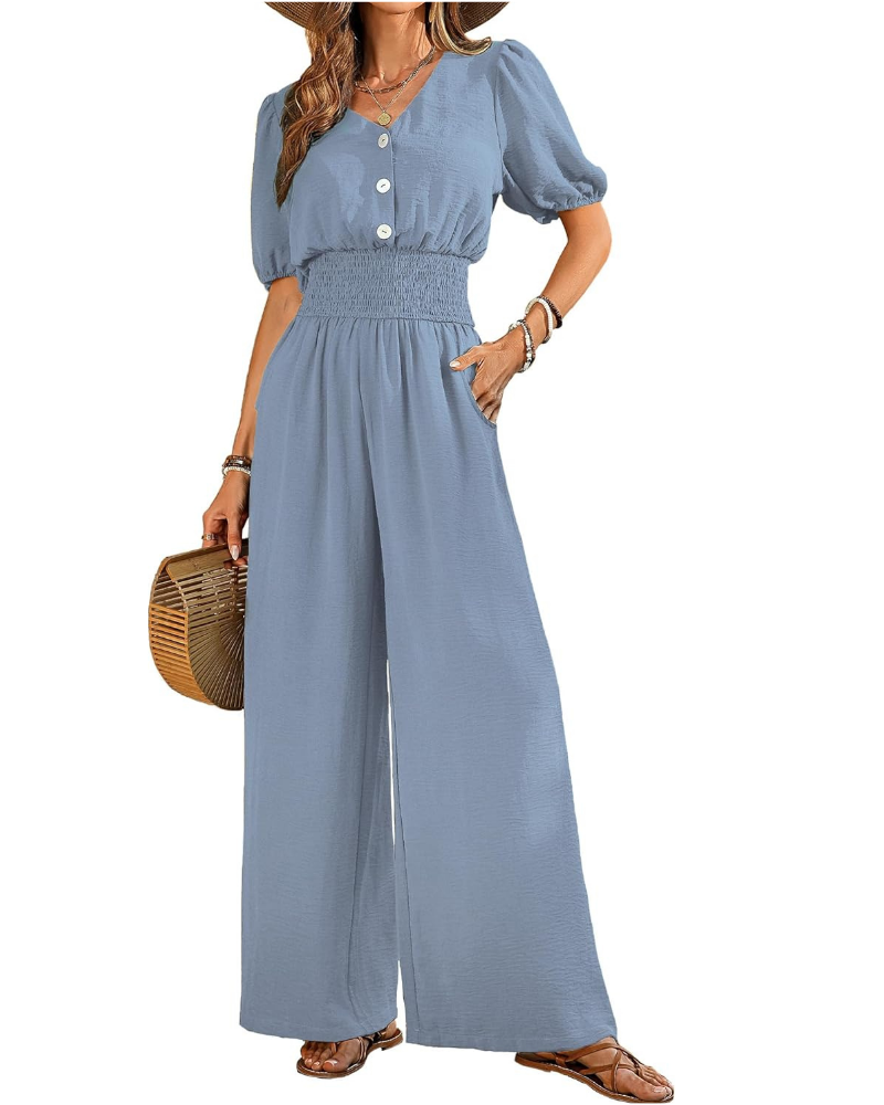 Blythe Tuta Donna Elegante – Scollo a V, Vita Smock e Pantaloni a Gamba Larga
