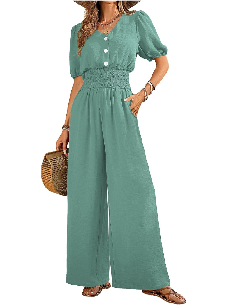 Blythe Tuta Donna Elegante – Scollo a V, Vita Smock e Pantaloni a Gamba Larga