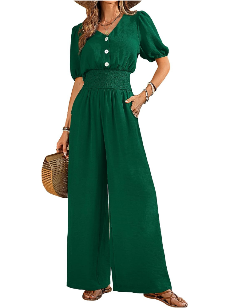 Blythe Tuta Donna Elegante – Scollo a V, Vita Smock e Pantaloni a Gamba Larga