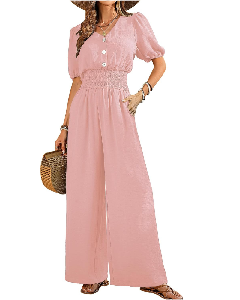 Blythe Tuta Donna Elegante – Scollo a V, Vita Smock e Pantaloni a Gamba Larga