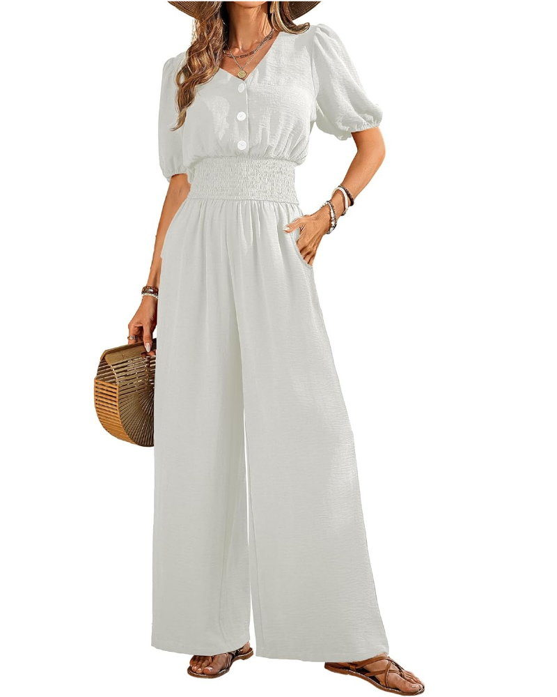 Blythe Tuta Donna Elegante – Scollo a V, Vita Smock e Pantaloni a Gamba Larga
