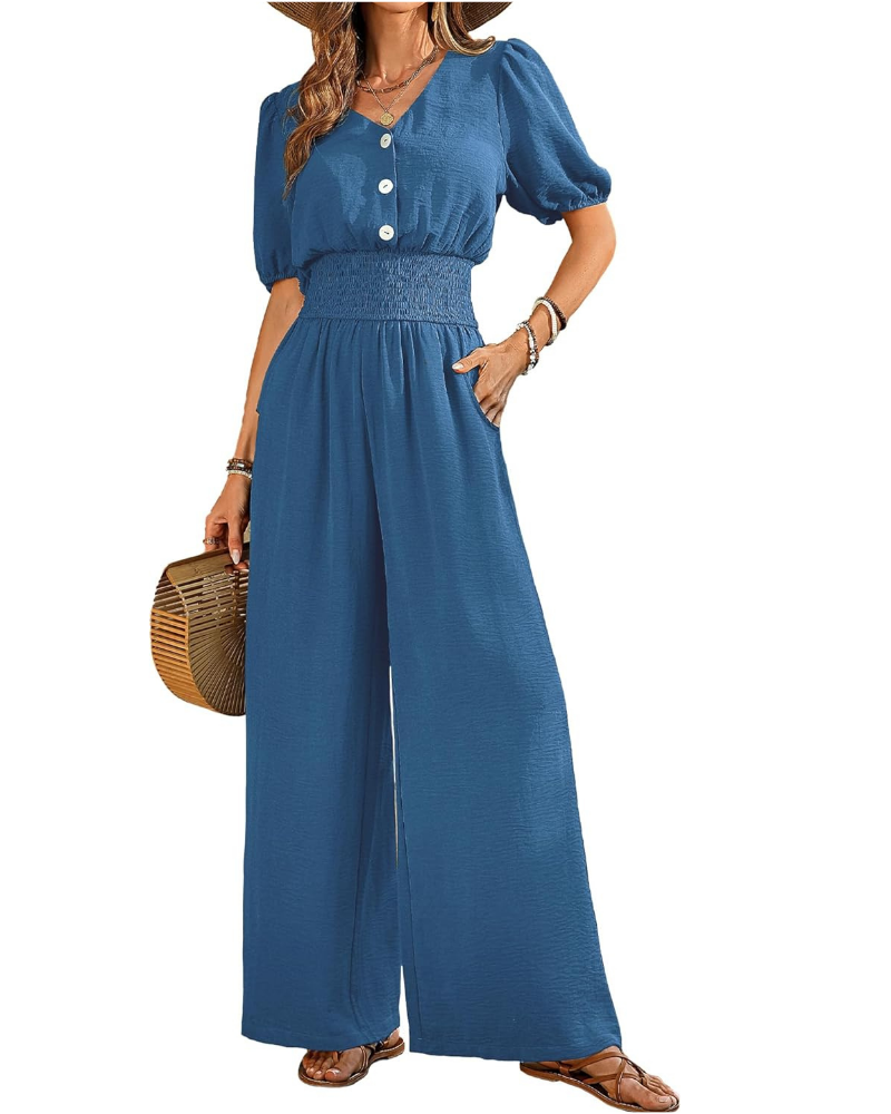 Blythe Tuta Donna Elegante – Scollo a V, Vita Smock e Pantaloni a Gamba Larga