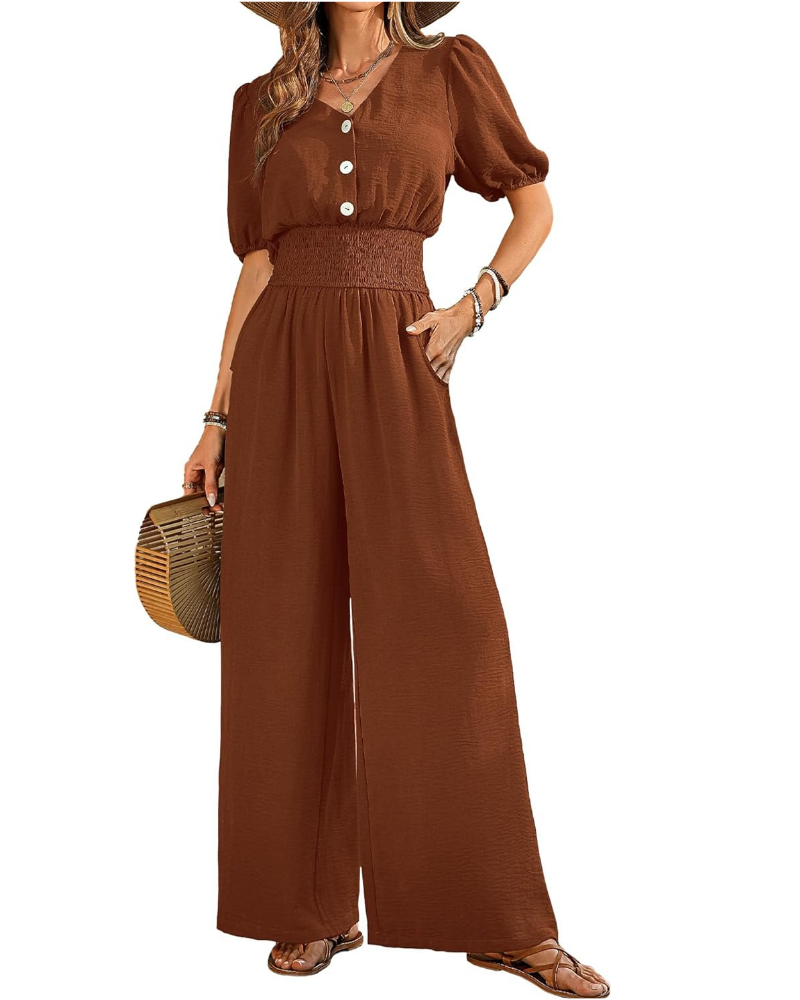 Blythe Tuta Donna Elegante – Scollo a V, Vita Smock e Pantaloni a Gamba Larga