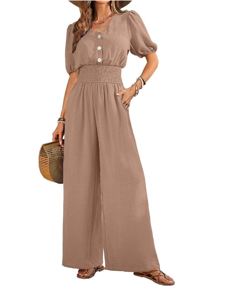 Blythe Tuta Donna Elegante – Scollo a V, Vita Smock e Pantaloni a Gamba Larga
