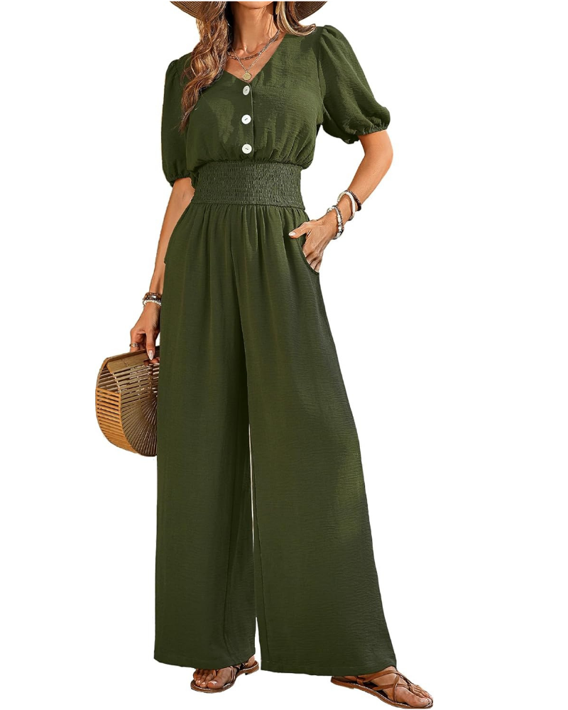 Blythe Tuta Donna Elegante – Scollo a V, Vita Smock e Pantaloni a Gamba Larga