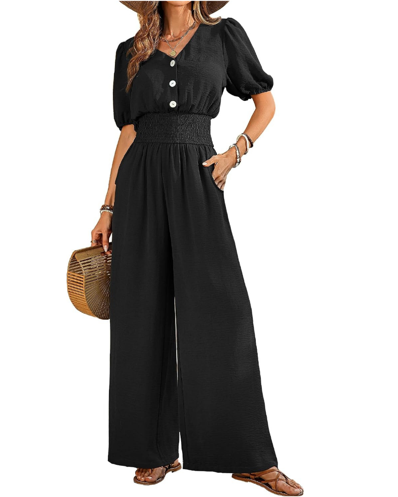 Blythe Tuta Donna Elegante – Scollo a V, Vita Smock e Pantaloni a Gamba Larga