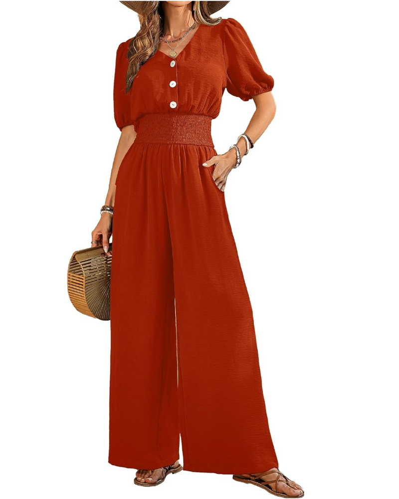 Blythe Tuta Donna Elegante – Scollo a V, Vita Smock e Pantaloni a Gamba Larga