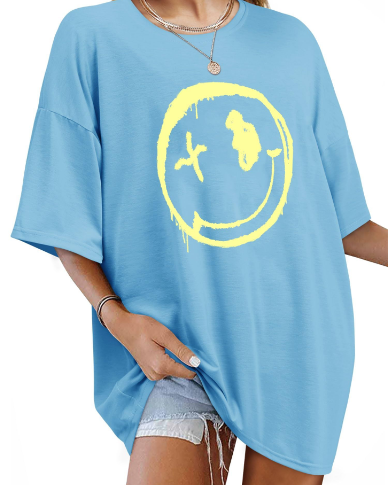 T-shirt Darcy Femme – T-shirt oversize Good Vibes avec imprimé Smiley et manches courtes
