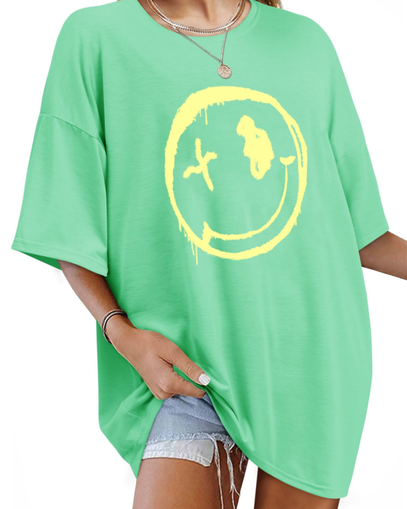 T-shirt Darcy Femme – T-shirt oversize Good Vibes avec imprimé Smiley et manches courtes