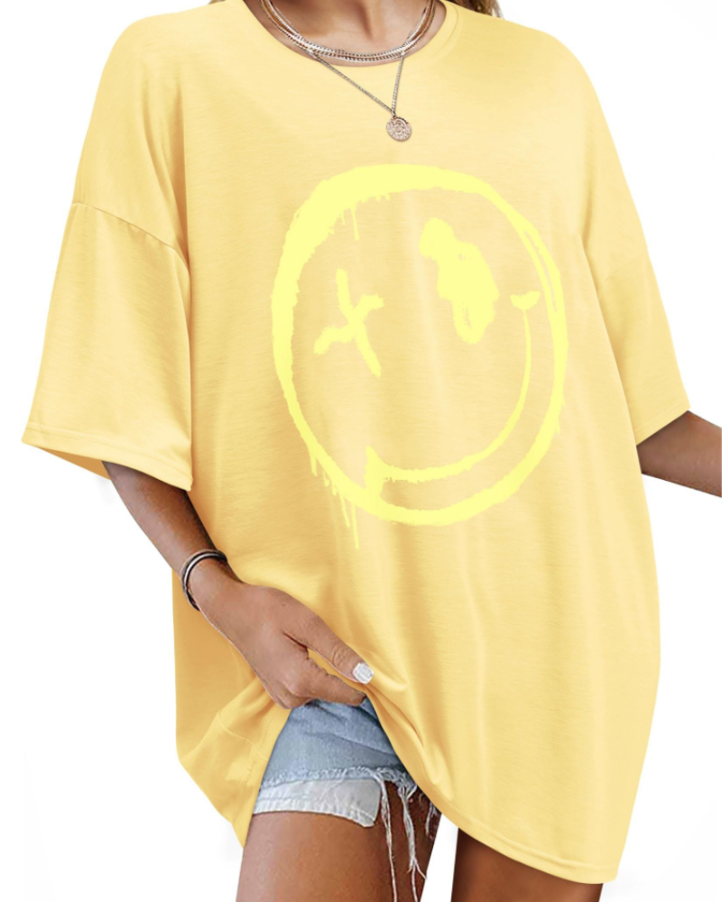 T-shirt Darcy Femme – T-shirt oversize Good Vibes avec imprimé Smiley et manches courtes